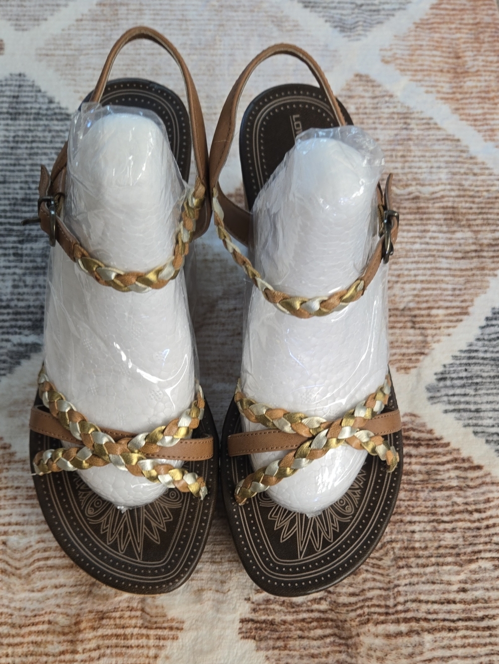 LOWER EAST SIDE Tan Braided Strap Sandals with Gold Trim
